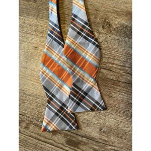 Hisdern Adjustable Hand Made Bow Tie Light Blue Navy Orange Plaid
